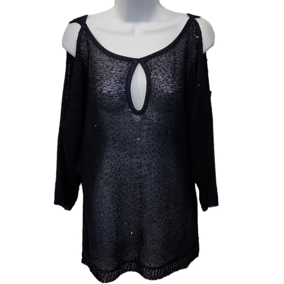 boston Proper Mesh Sequin Slit Arm Keyhole Front Top - Picture 2 of 8